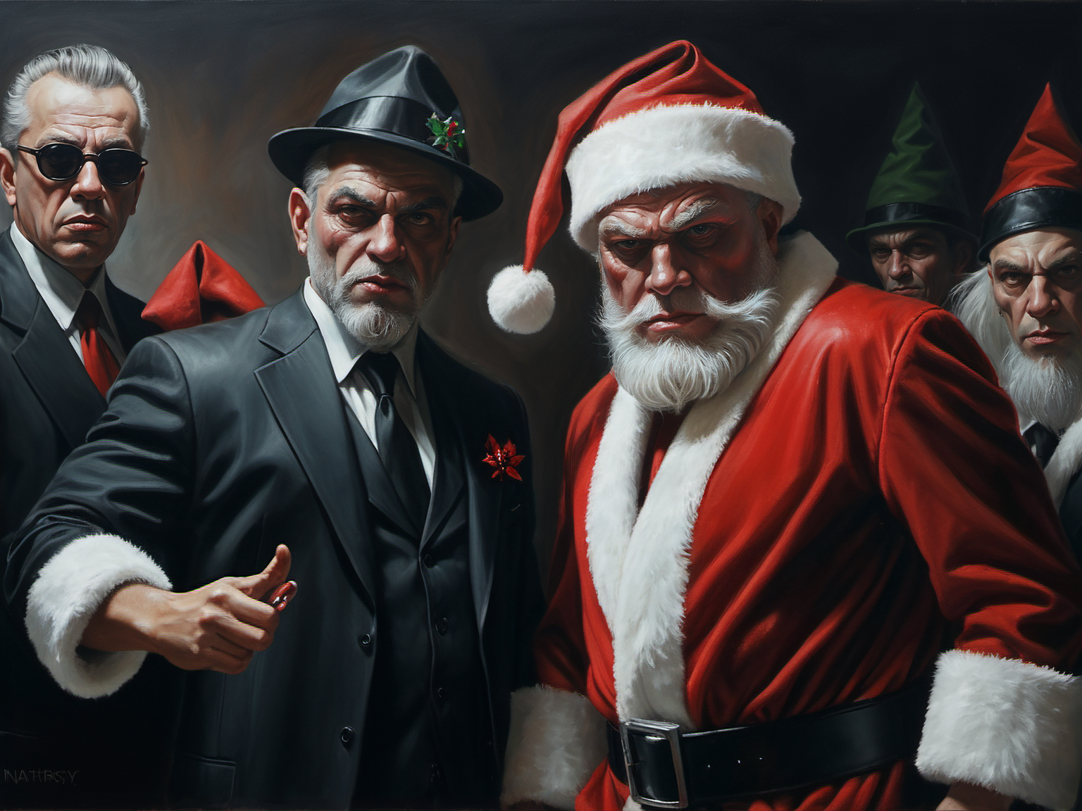 00114--2306449375-Mobster Santa Claus and his thug elves, Mafia, gangster_, a painting by Nathlie Provosty.png